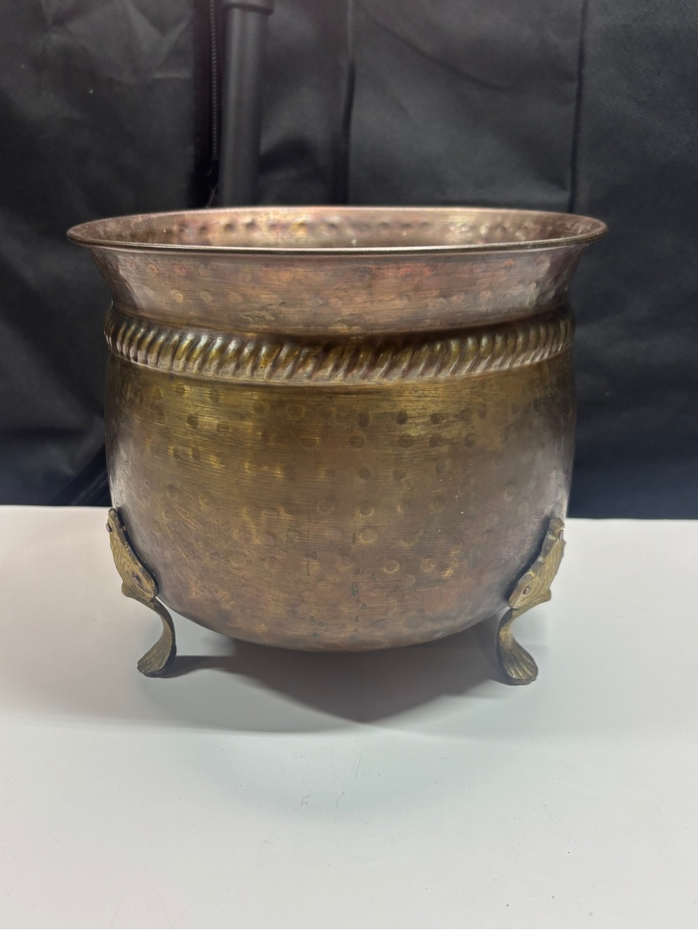 Vintage Hammered Brass Footed Jardiniere Planter Bowl